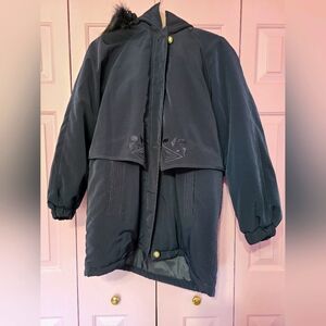 Women's Size Large Navy Hooded Puffer Coat with Embroidered Details